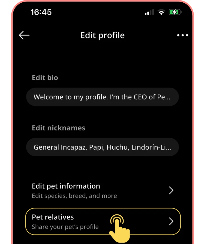 Screenshot of Petme app 'Edit profile' page. Bio: 'Welcome to my profile.' Yellow hand icon points to 'Pet relatives' section.