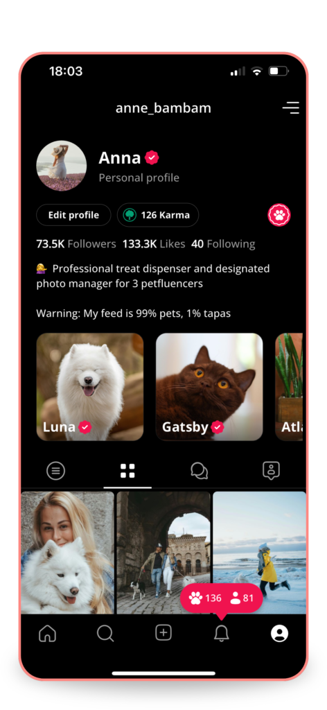 Screenshot of Anna's profile on Petme app. Features pets Luna, Gatsby, Atti. 73.5K followers, 126 Karma. Shows 136 new posts.