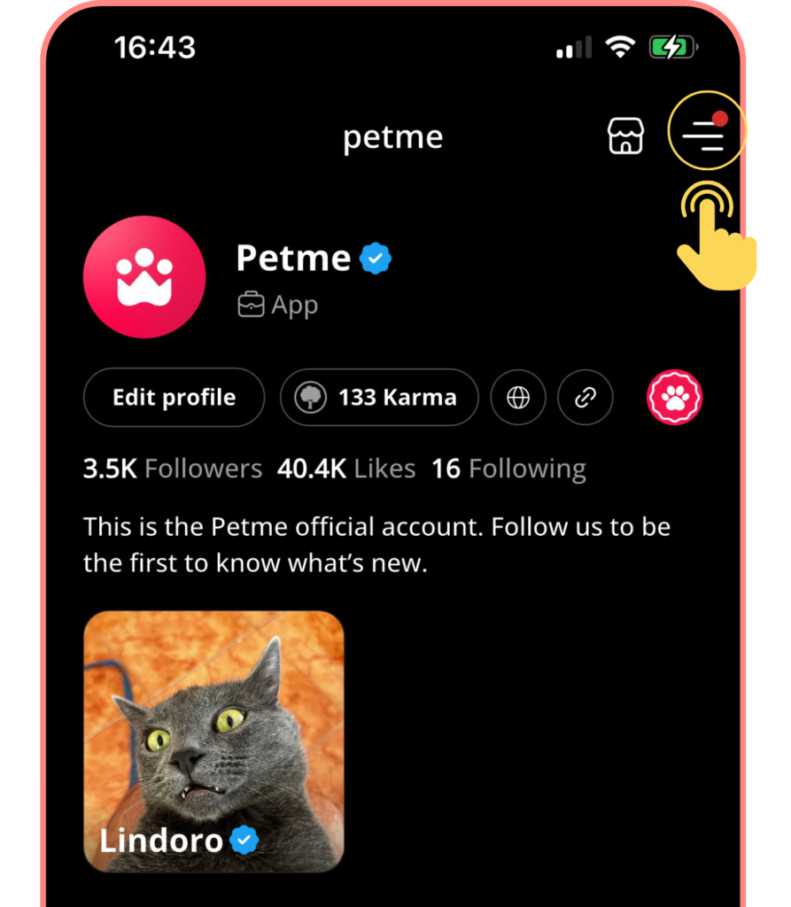 Screenshot of Petme app official profile. Cat Lindoro with verified badge. 3.5K followers, 40.4K likes. Yellow hand on menu icon.