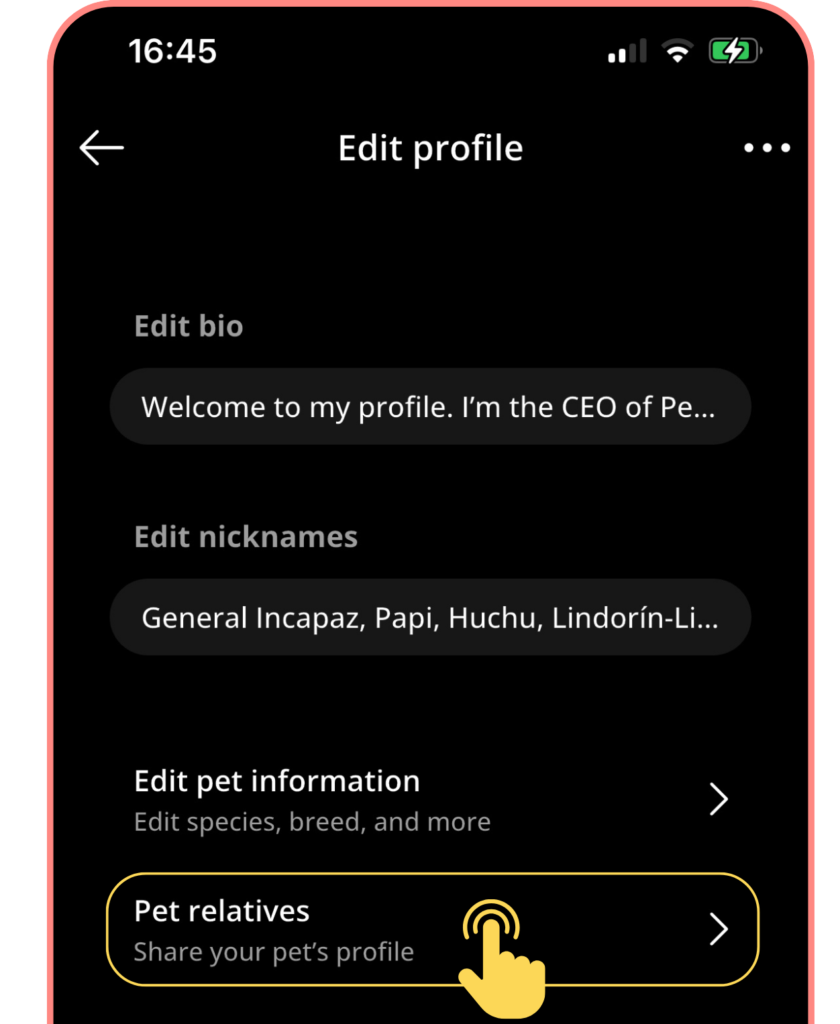 Screenshot of Petme app 'Edit profile' page. Bio: 'Welcome to my profile.' Yellow hand icon points to 'Pet relatives' section."